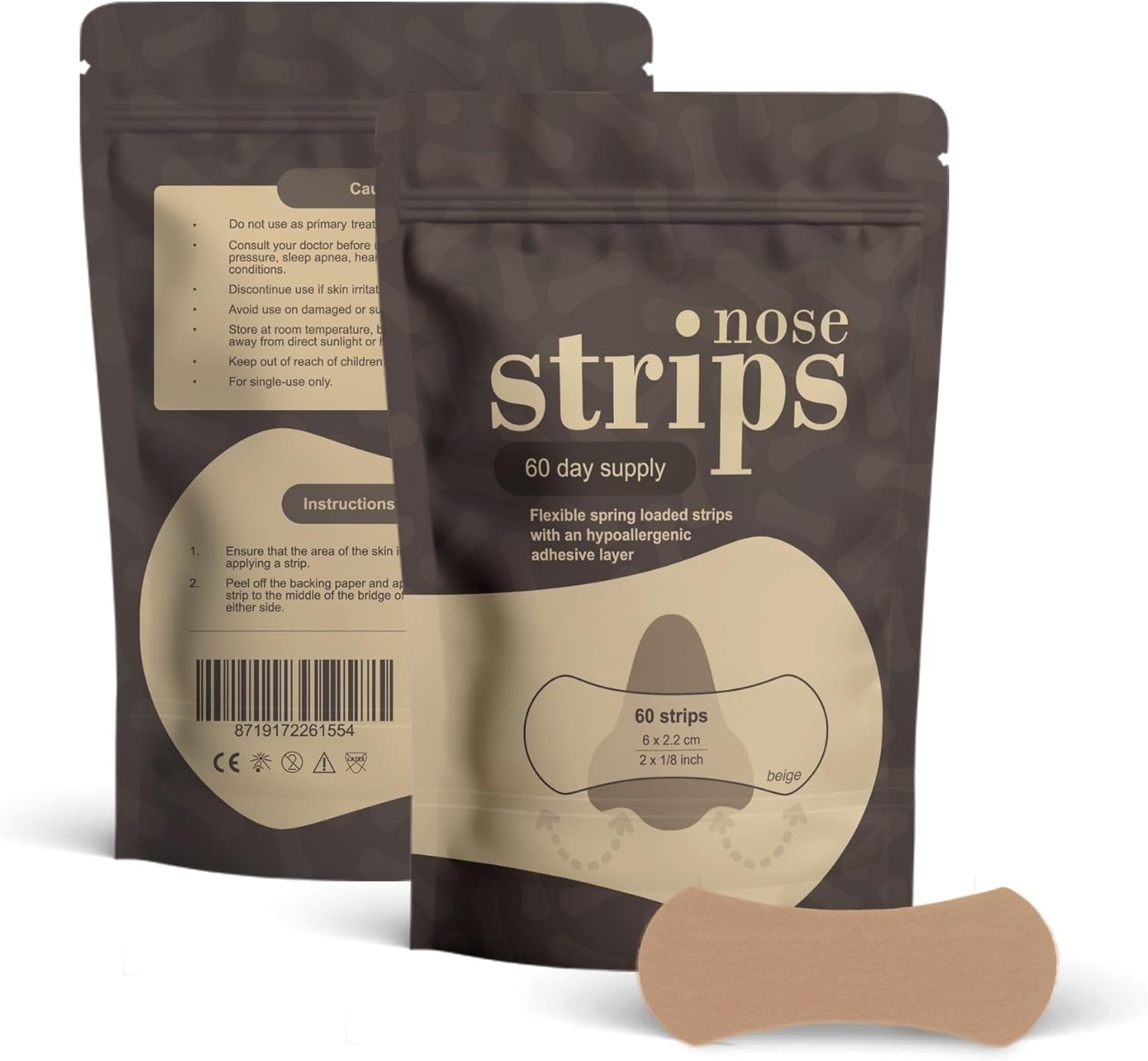 Nasal Strips (60 Ct) for Breathing - Nose Strips for Sports - anti Snoring Solution & Nasal Congestion Relief Nose Tape for Sleeping - Universal Fit, Extra Strength for Sensitive Skin - Beige